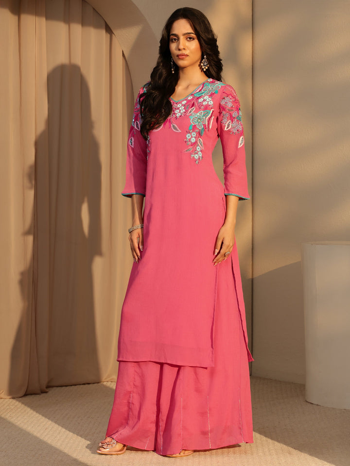 Libas Coral Floral Embroidered Chinon Palazzo Suit Set