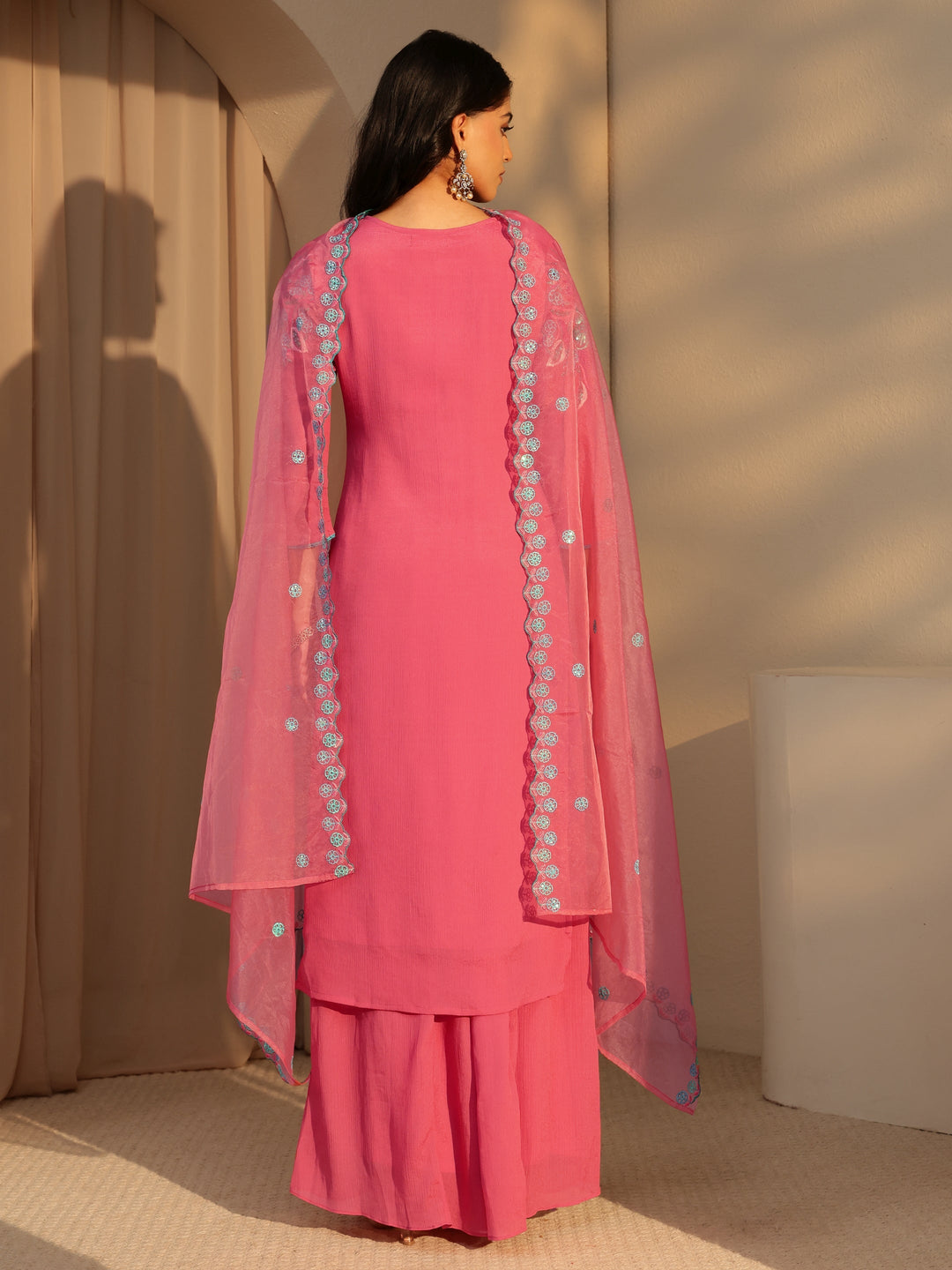 Libas Coral Floral Embroidered Chinon Palazzo Suit Set
