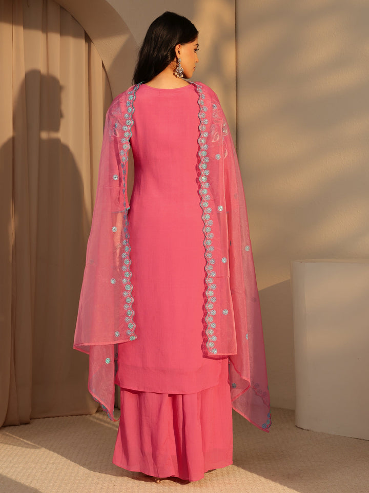 Libas Coral Floral Embroidered Chinon Palazzo Suit Set