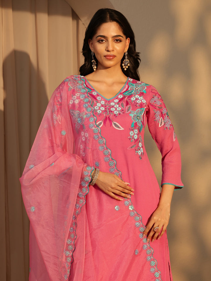 Libas Coral Floral Embroidered Chinon Palazzo Suit Set