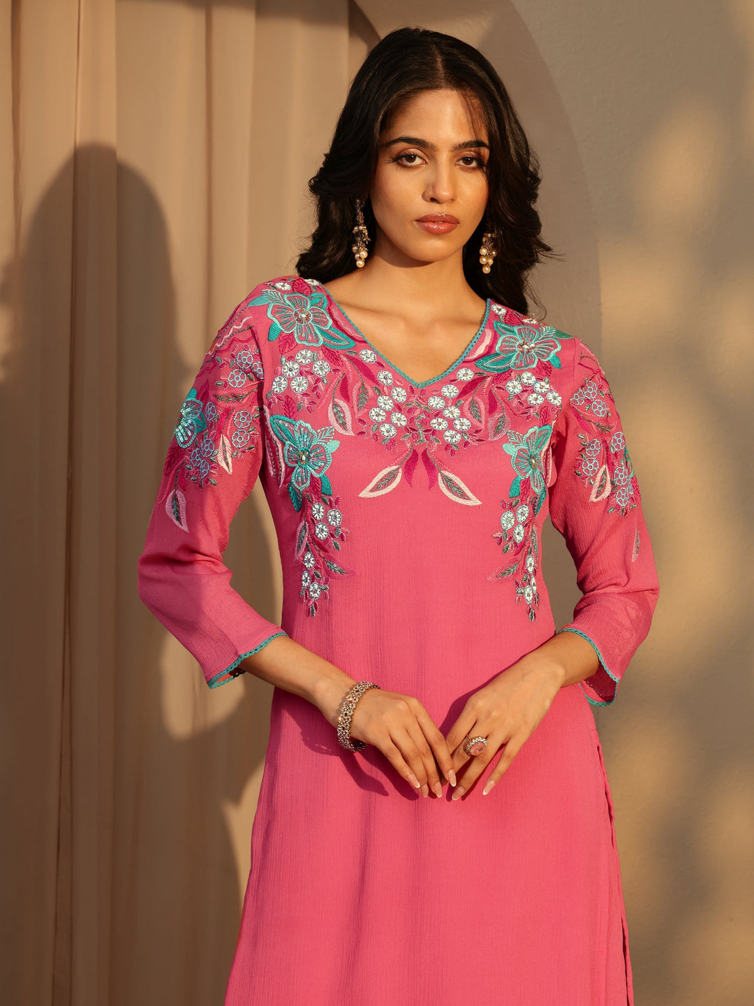Libas Coral Floral Embroidered Chinon Palazzo Suit Set