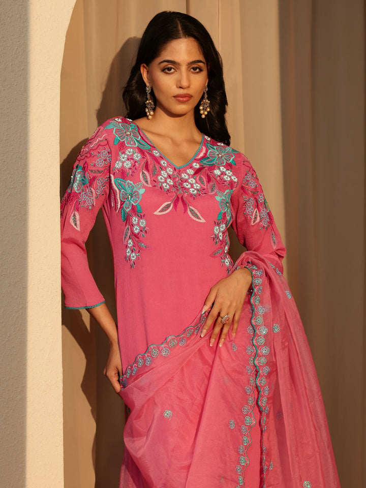Libas Coral Floral Embroidered Chinon Palazzo Suit Set