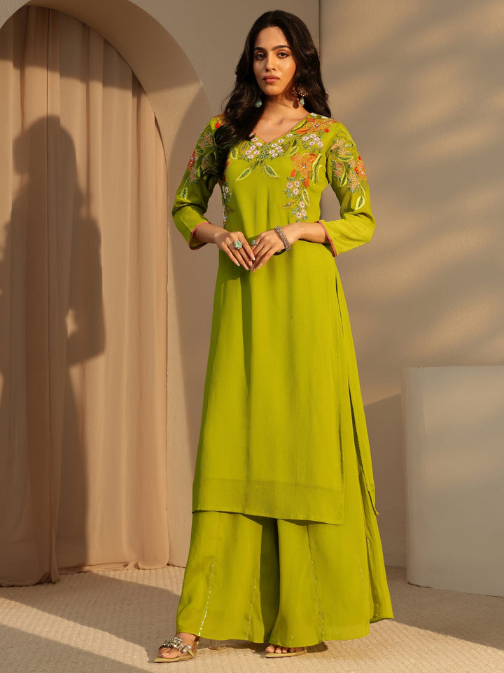 Libas Green Floral Embroidered Chinon Palazzo Suit Set