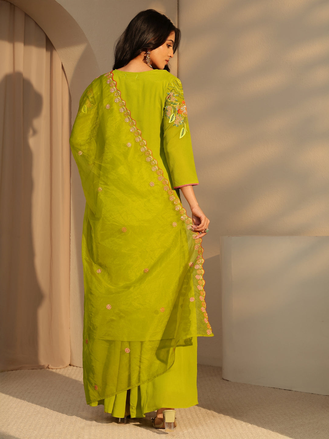Libas Green Floral Embroidered Chinon Palazzo Suit Set