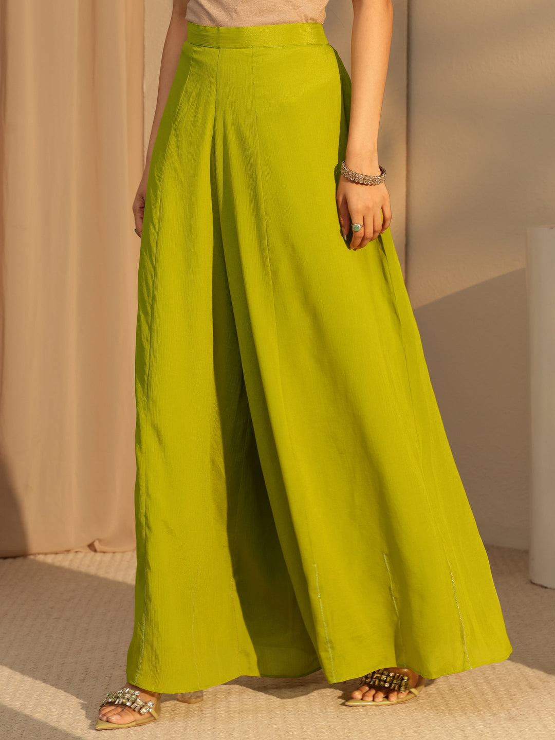 Libas Green Floral Embroidered Chinon Palazzo Suit Set