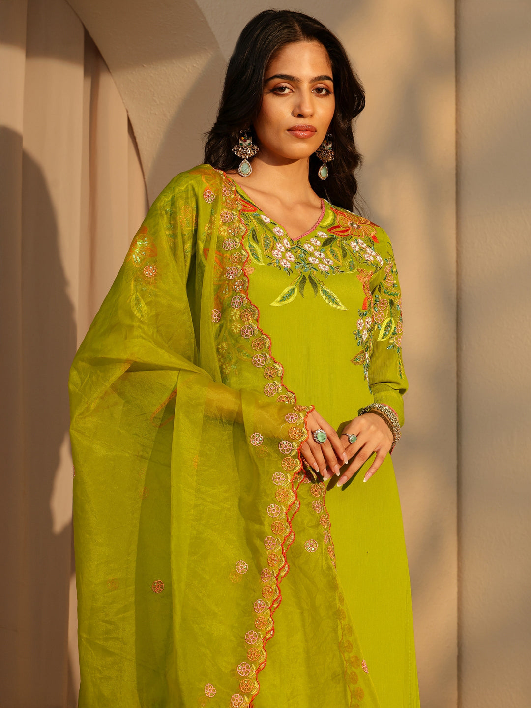 Libas Green Floral Embroidered Chinon Palazzo Suit Set