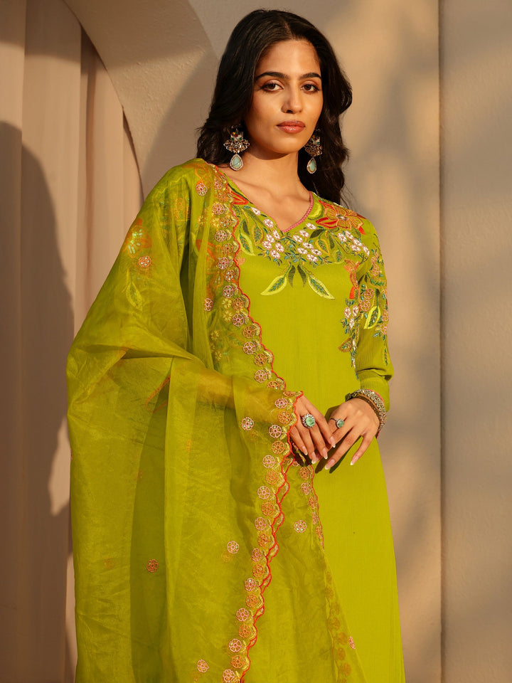 Libas Green Floral Embroidered Chinon Palazzo Suit Set