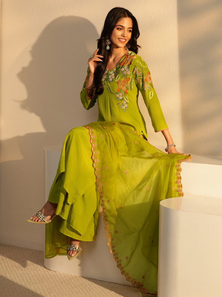 Libas Green Floral Embroidered Chinon Palazzo Suit Set