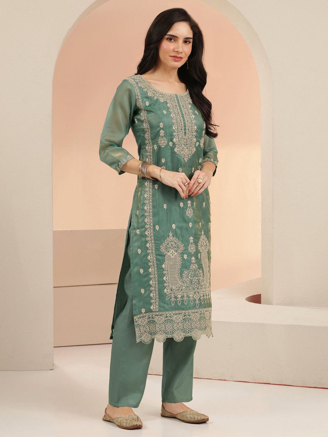 Libas Sea Blue Embroidered Tissue Straight Suit Set