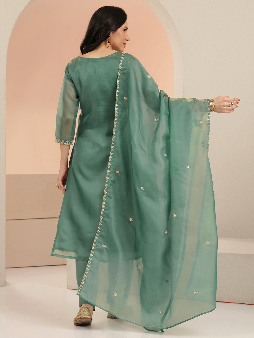 Libas Sea Blue Embroidered Tissue Straight Suit Set