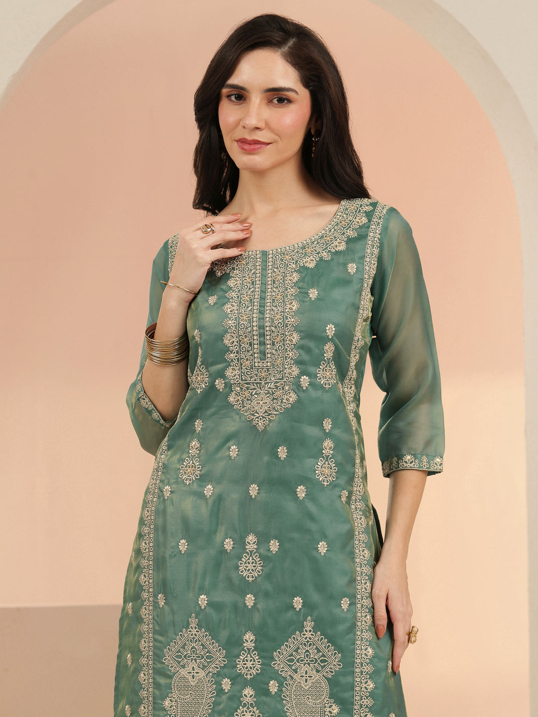 Libas Sea Blue Embroidered Tissue Straight Suit Set