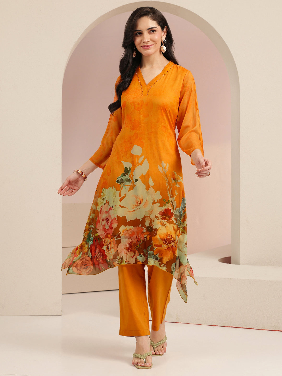 Libas Orange Floral Printed Chiffon High Low Kurta Set