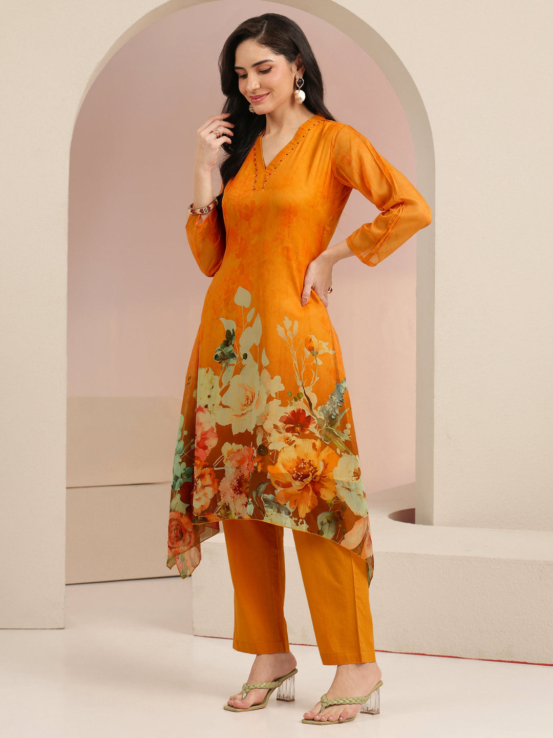 Libas Orange Floral Printed Chiffon High Low Kurta Set