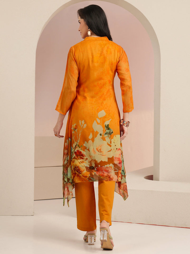 Libas Orange Floral Printed Chiffon High Low Kurta Set