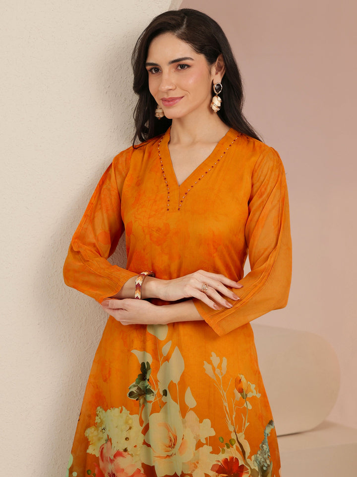 Libas Orange Floral Printed Chiffon High Low Kurta Set
