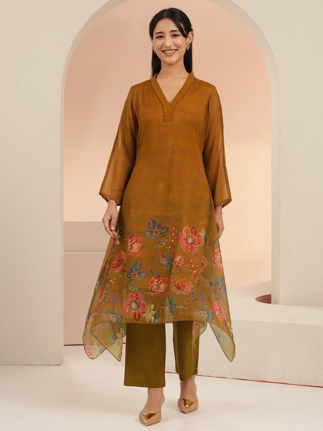 Libas Brown Floral Printed Chiffon High Low Kurta Set