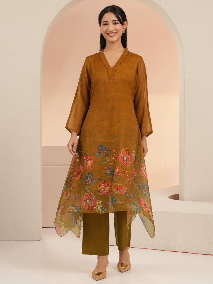 Libas Brown Floral Printed Chiffon High Low Kurta Set