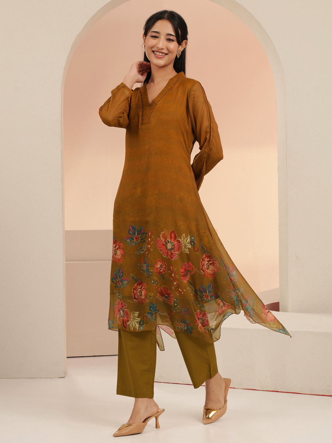 Libas Brown Floral Printed Chiffon High Low Kurta Set