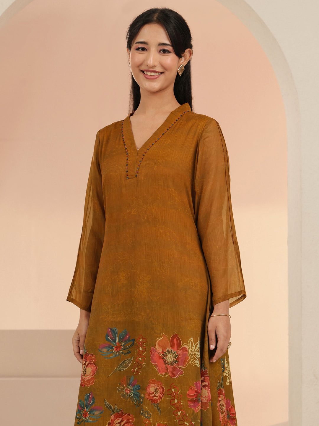 Libas Brown Floral Printed Chiffon High Low Kurta Set
