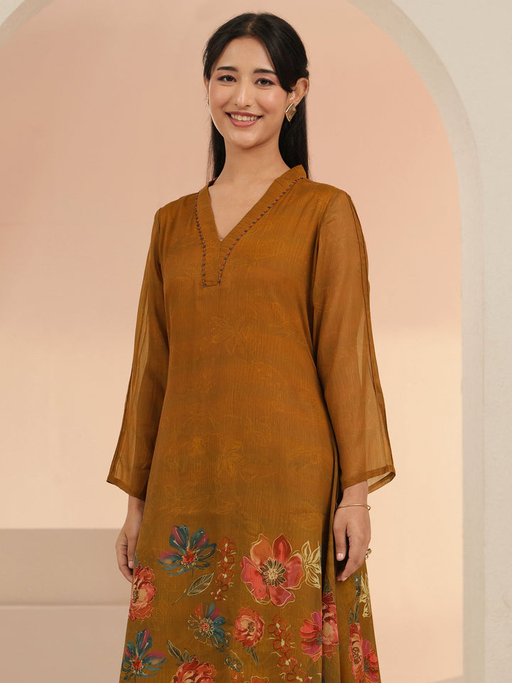 Libas Brown Floral Printed Chiffon High Low Kurta Set