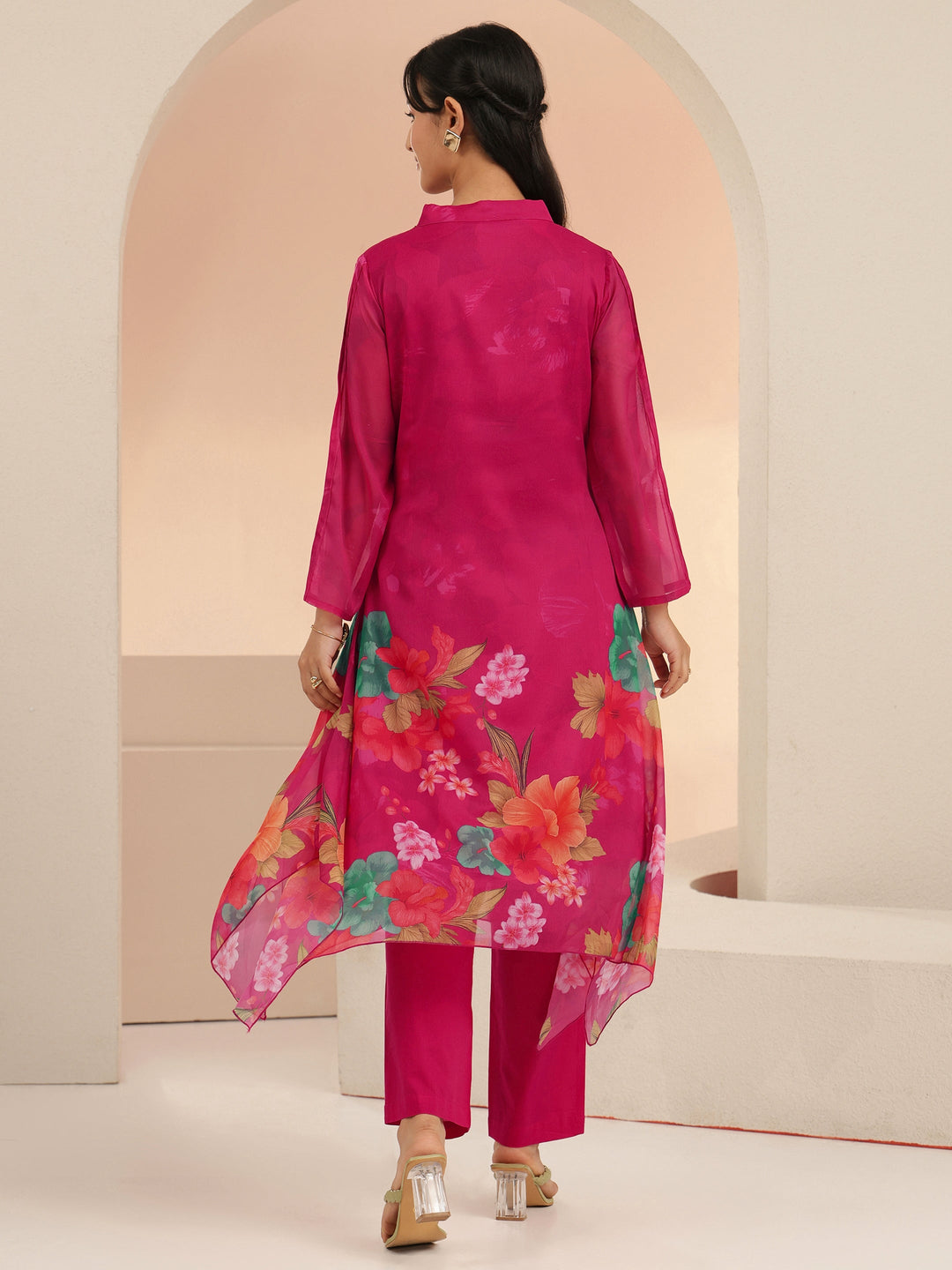 Libas Fuchsia Pink Floral Printed Chiffon High Low Kurta Set