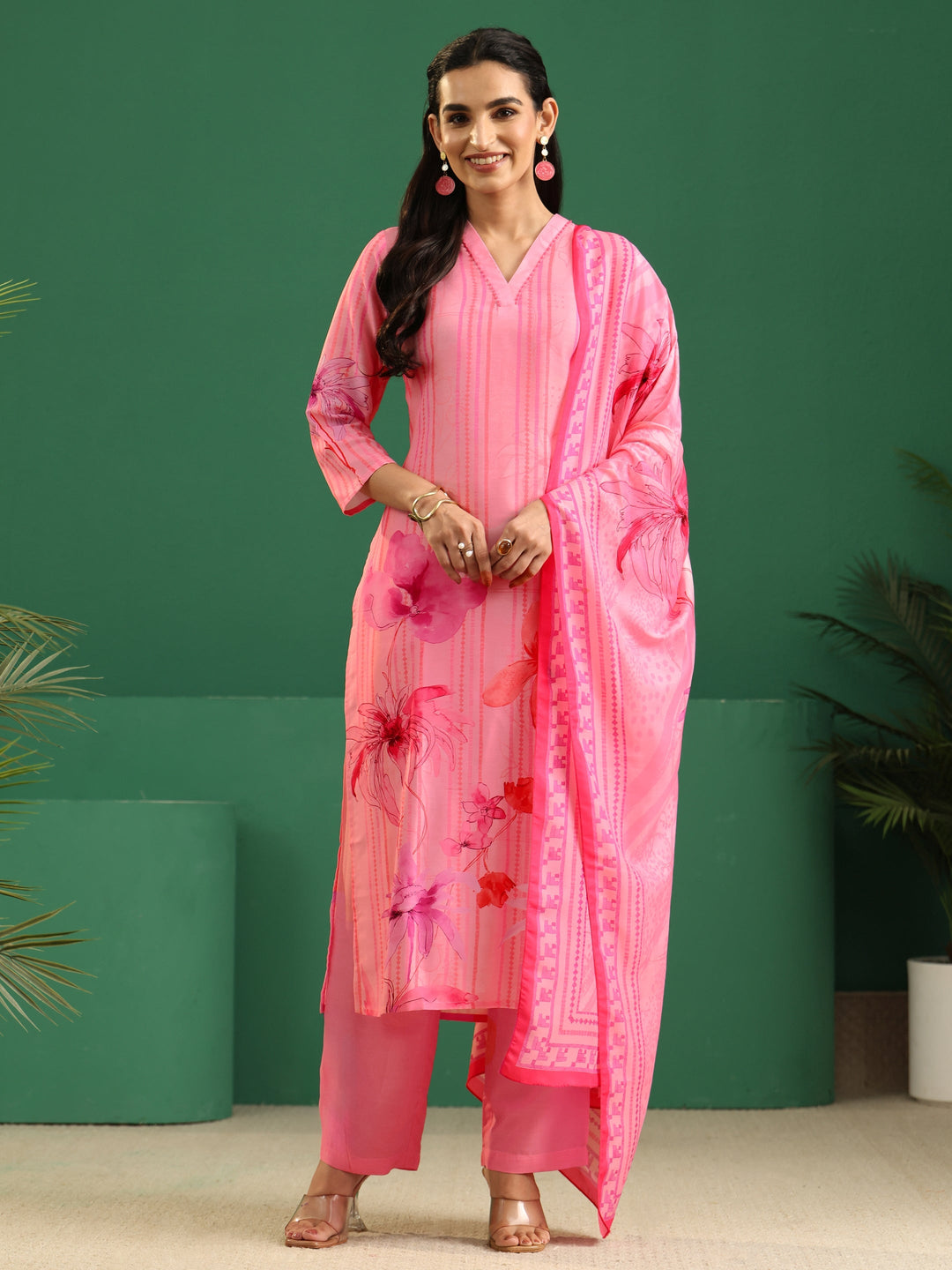 Libas Pink Floral Printed Muslin A-Line Suit Set