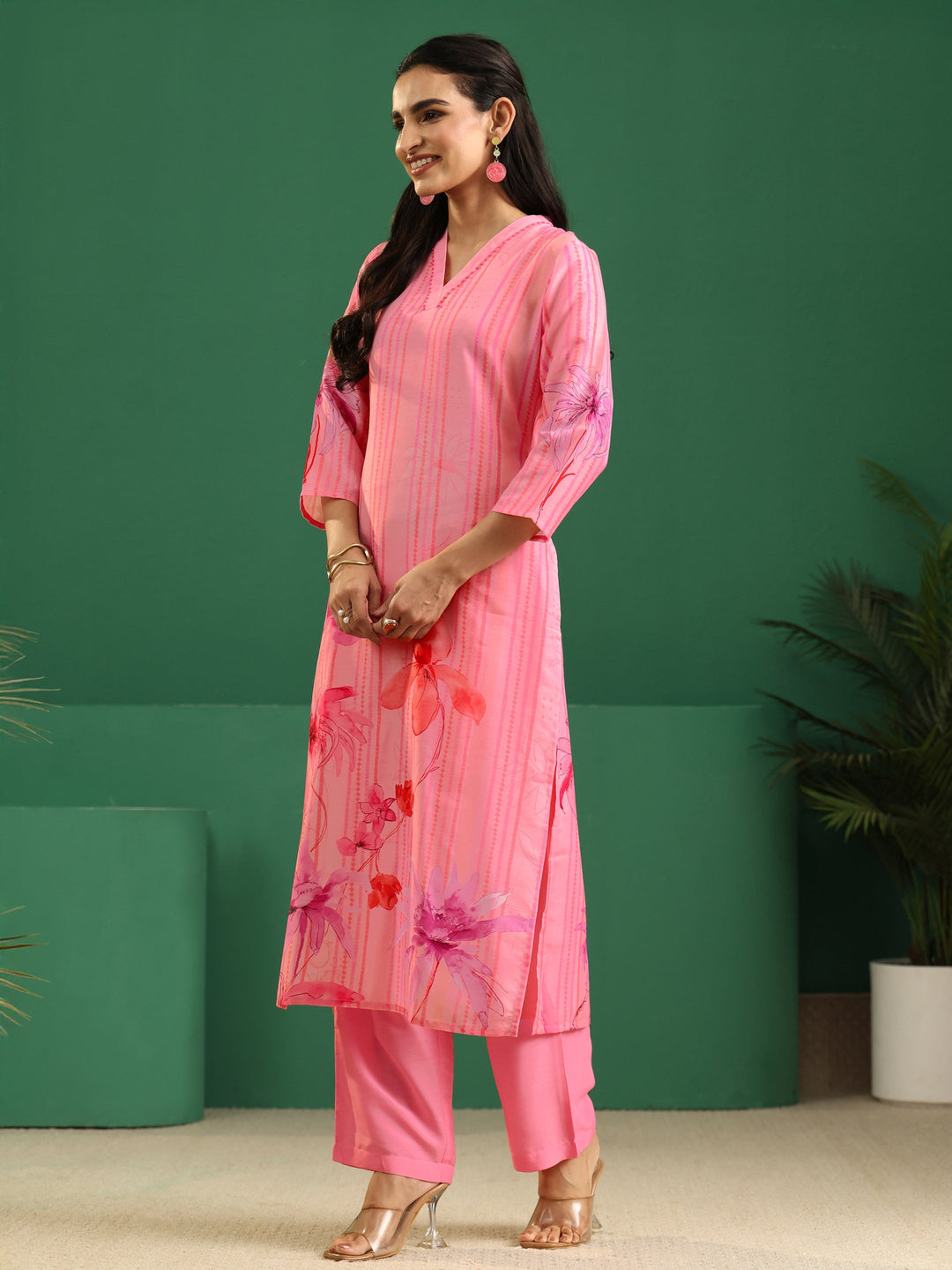 Libas Pink Floral Printed Muslin A-Line Suit Set
