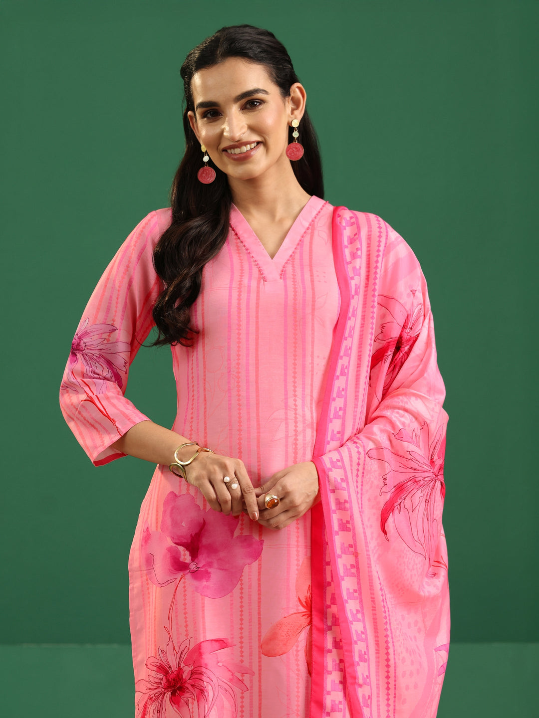 Libas Pink Floral Printed Muslin A-Line Suit Set
