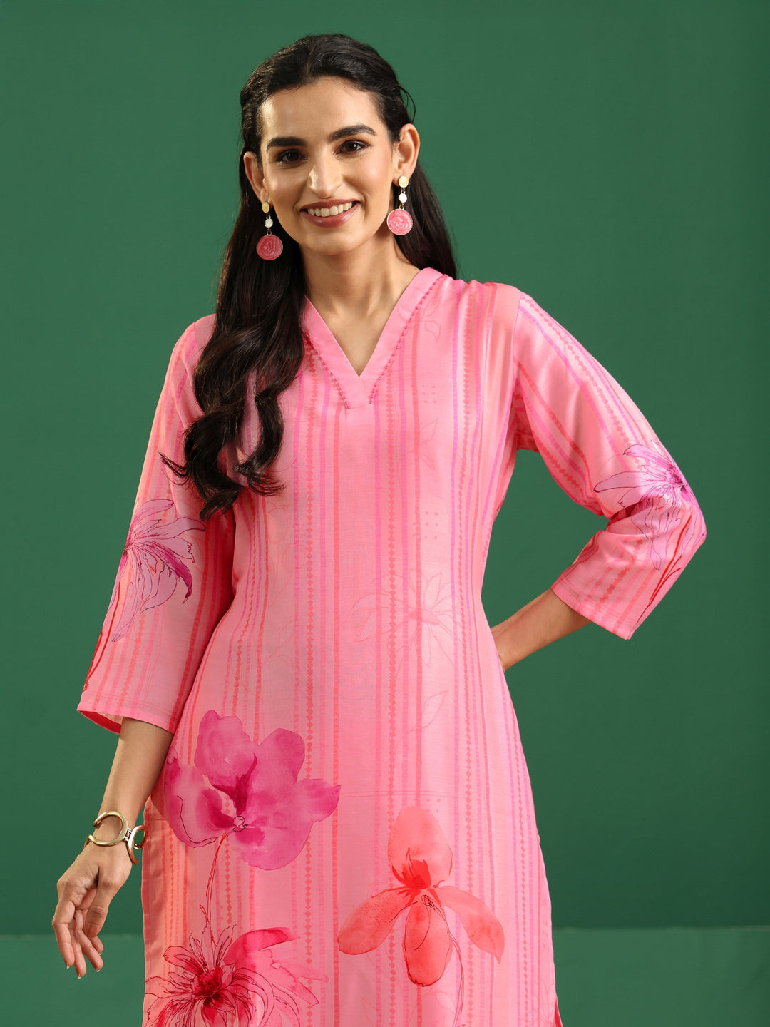Libas Pink Floral Printed Muslin A-Line Suit Set