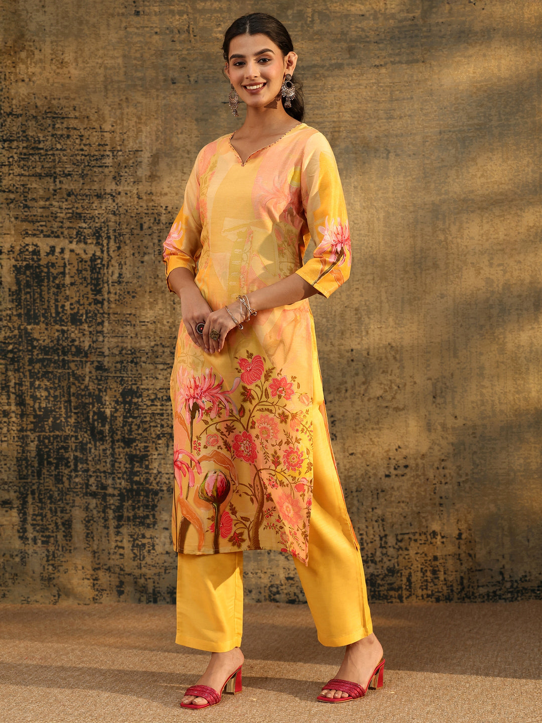 Libas Mustard Floral Printed Muslin Straight Suit Set