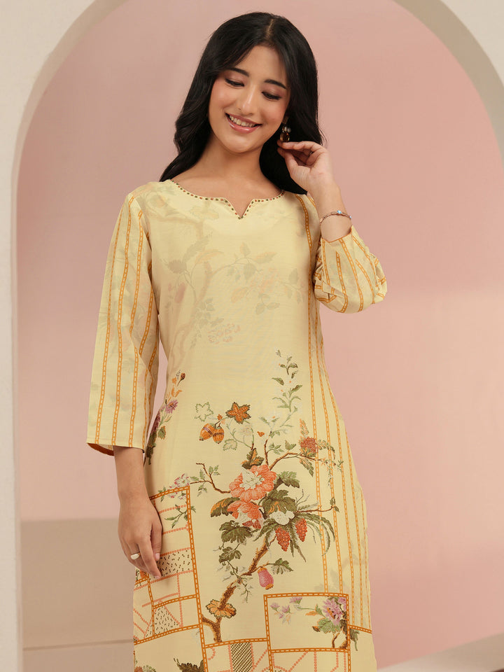 Libas Beige Floral Print Muslin Straight Suit Set