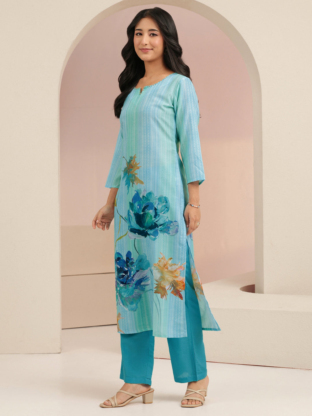 Libas Blue Floral Printed Cotton blend  Straight Suit Set