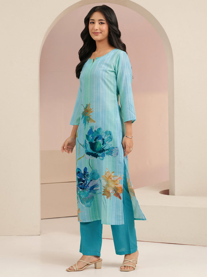 Libas Blue Floral Printed Cotton blend  Straight Suit Set