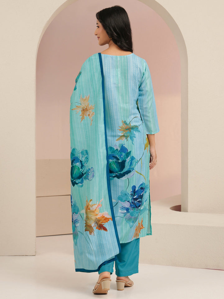 Libas Blue Floral Printed Cotton blend  Straight Suit Set