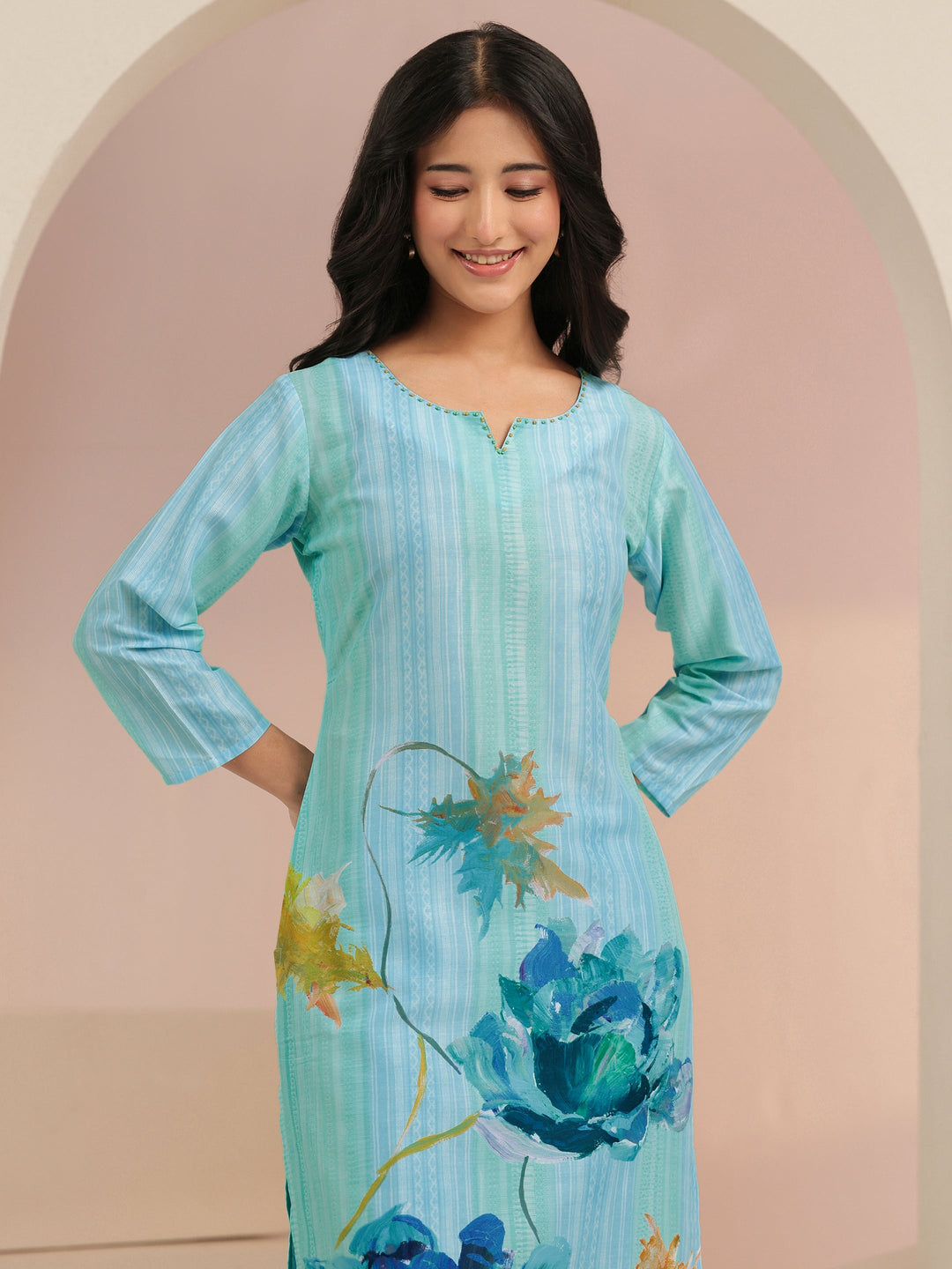Libas Blue Floral Printed Cotton blend  Straight Suit Set