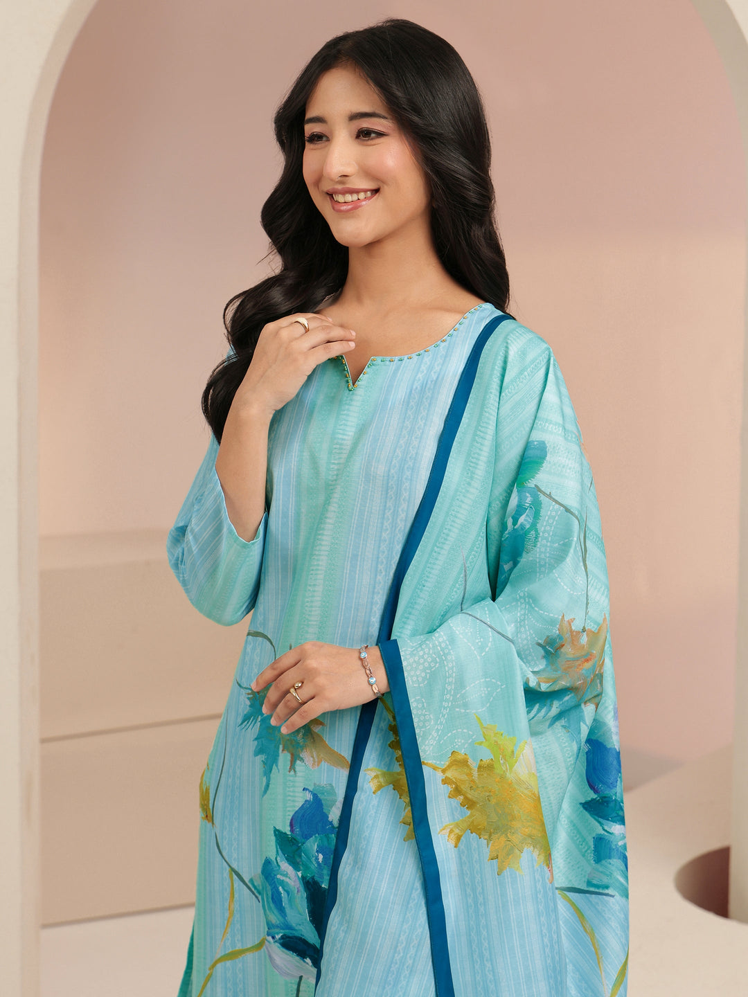Libas Blue Floral Printed Cotton blend  Straight Suit Set