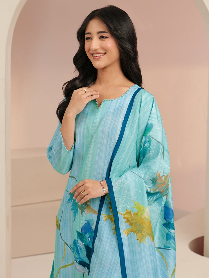 Libas Blue Floral Printed Cotton blend  Straight Suit Set