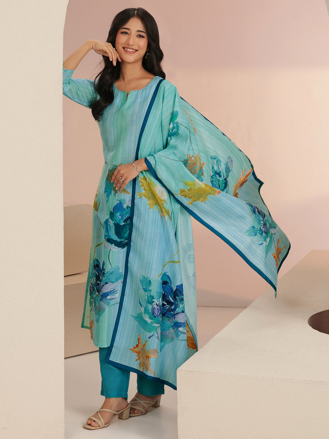 Libas Blue Floral Printed Cotton blend  Straight Suit Set