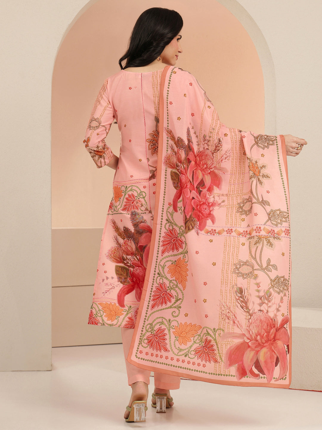Libas Peach Pink Floral Printed Muslin Straight Suit Set