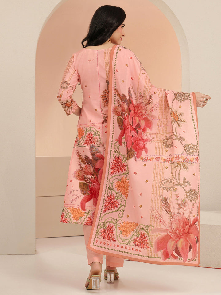 Libas Peach Pink Floral Printed Muslin Straight Suit Set