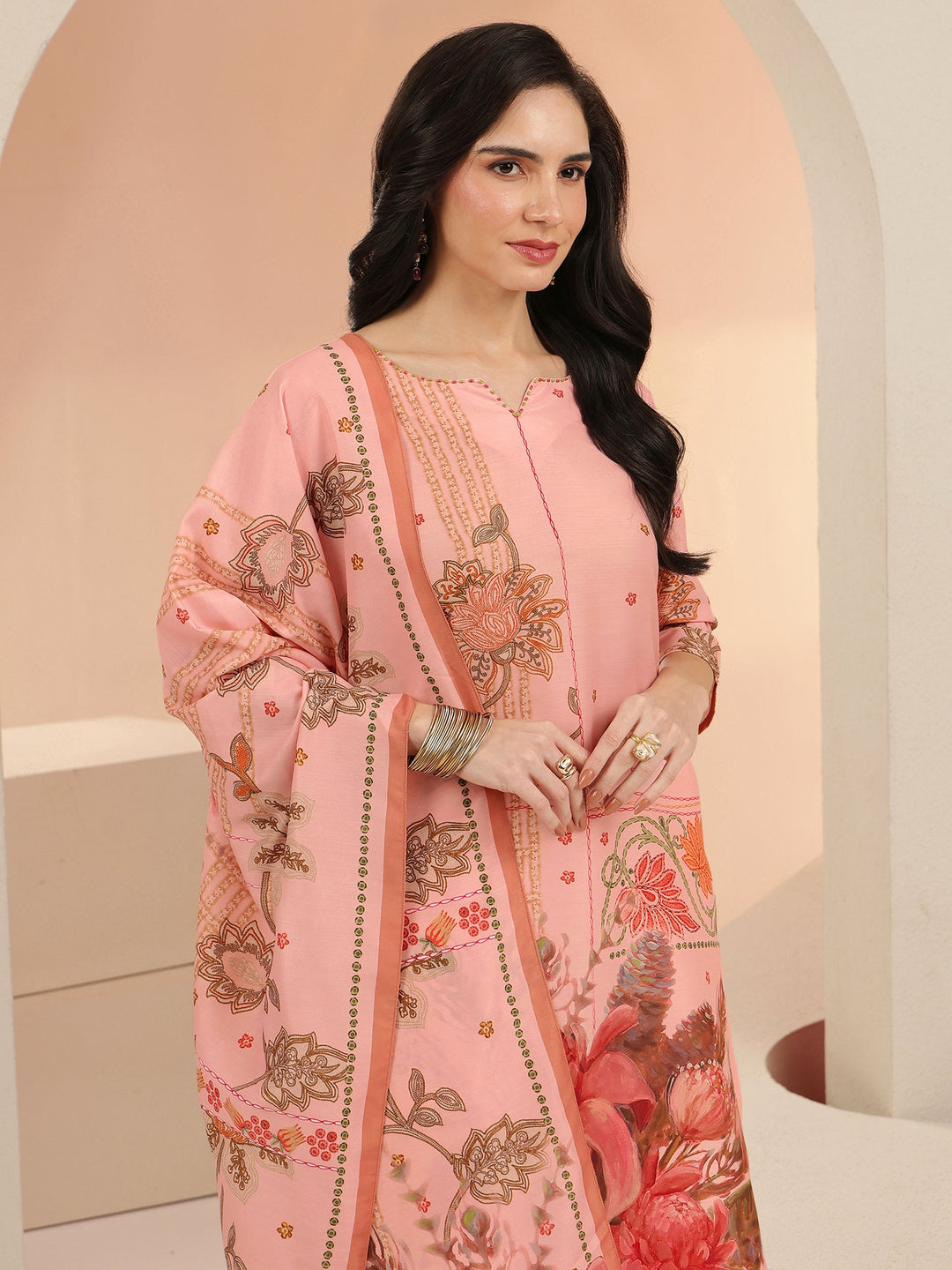 Libas Peach Pink Floral Printed Muslin Straight Suit Set