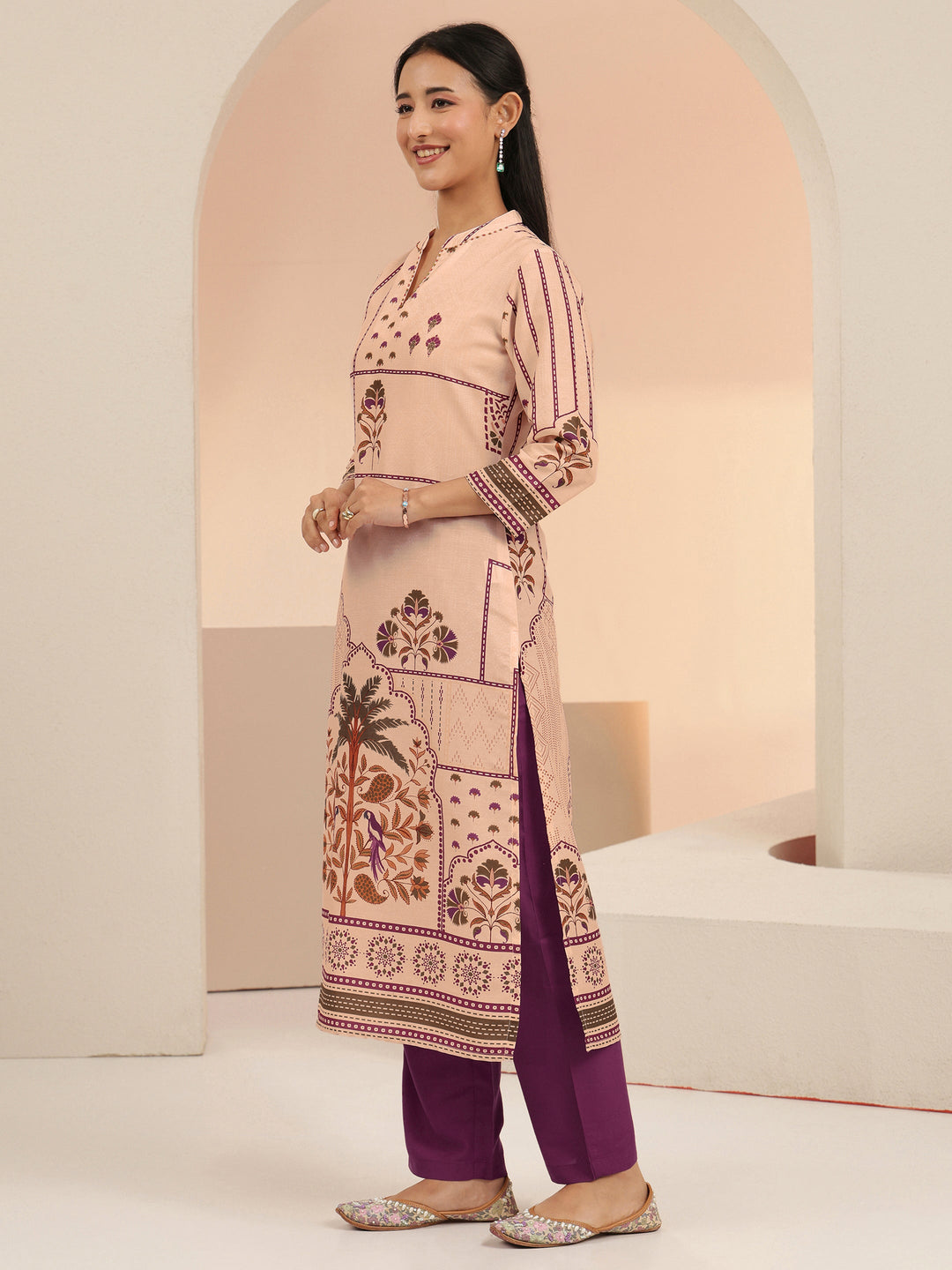 Libas Beige Mughal Floral Printed Muslin Straight Suit Set