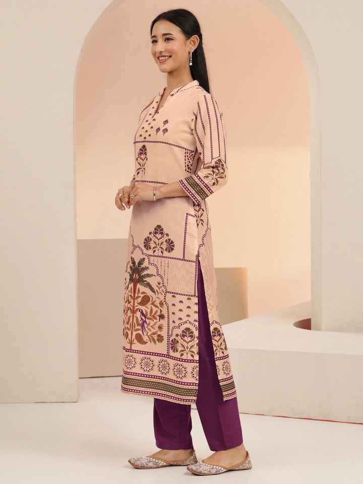 Libas Beige Mughal Floral Printed Muslin Straight Suit Set