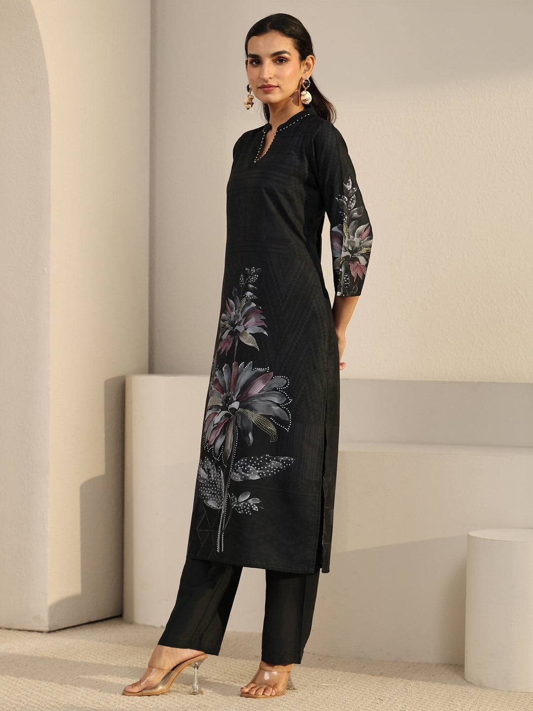 Libas Black Floral Printed Muslin Straight Suit Set