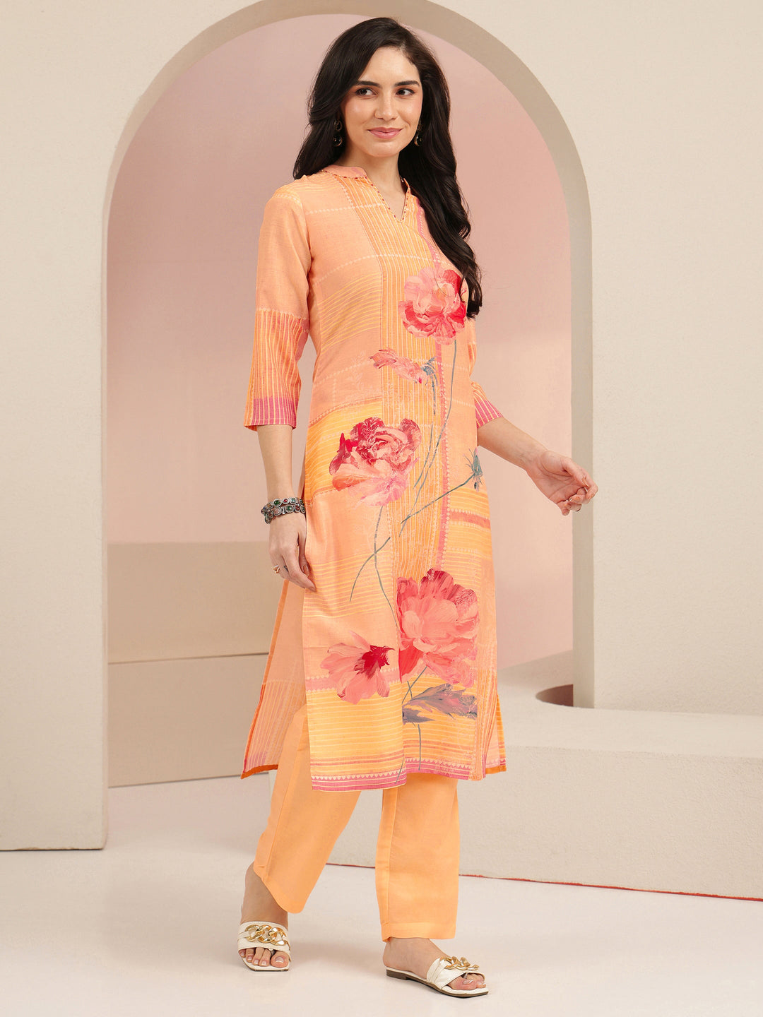 Libas Peach Floral Printed Muslin Straight Suit Set