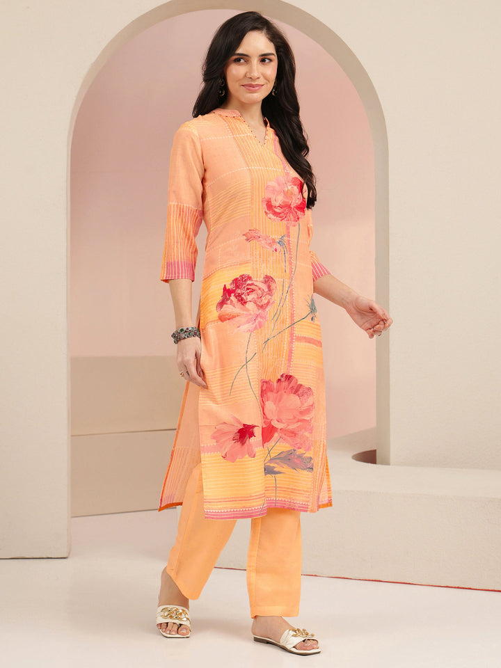 Libas Peach Floral Printed Muslin Straight Suit Set
