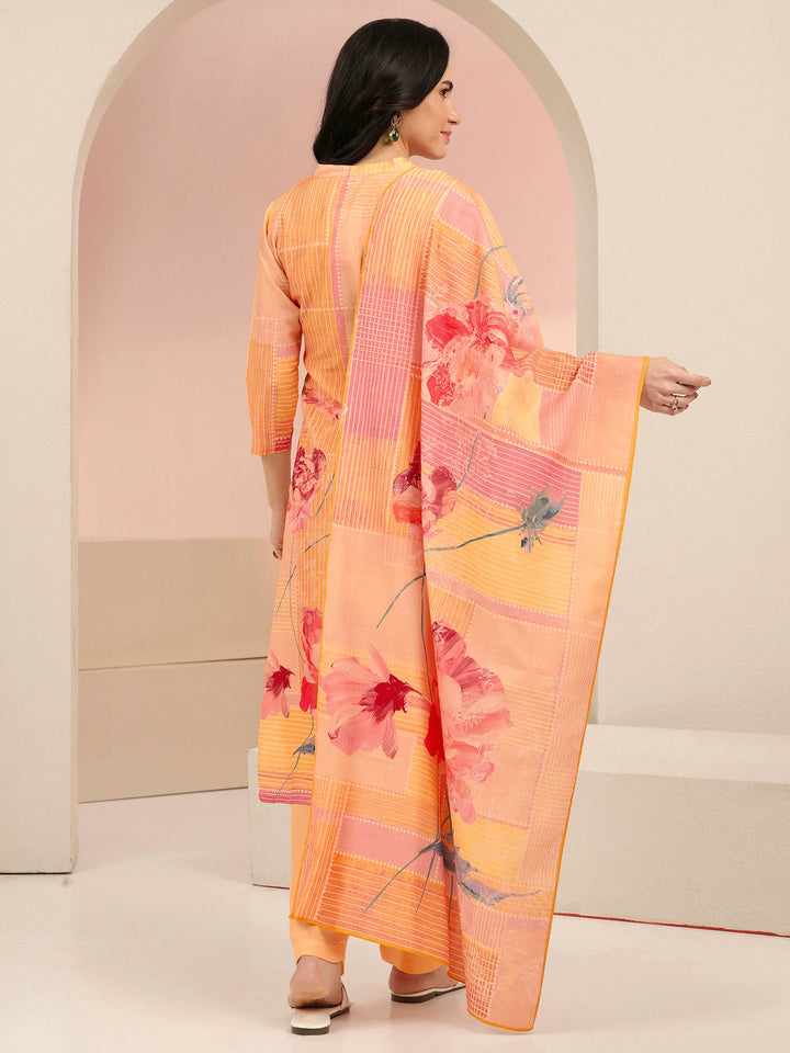 Libas Peach Floral Printed Muslin Straight Suit Set