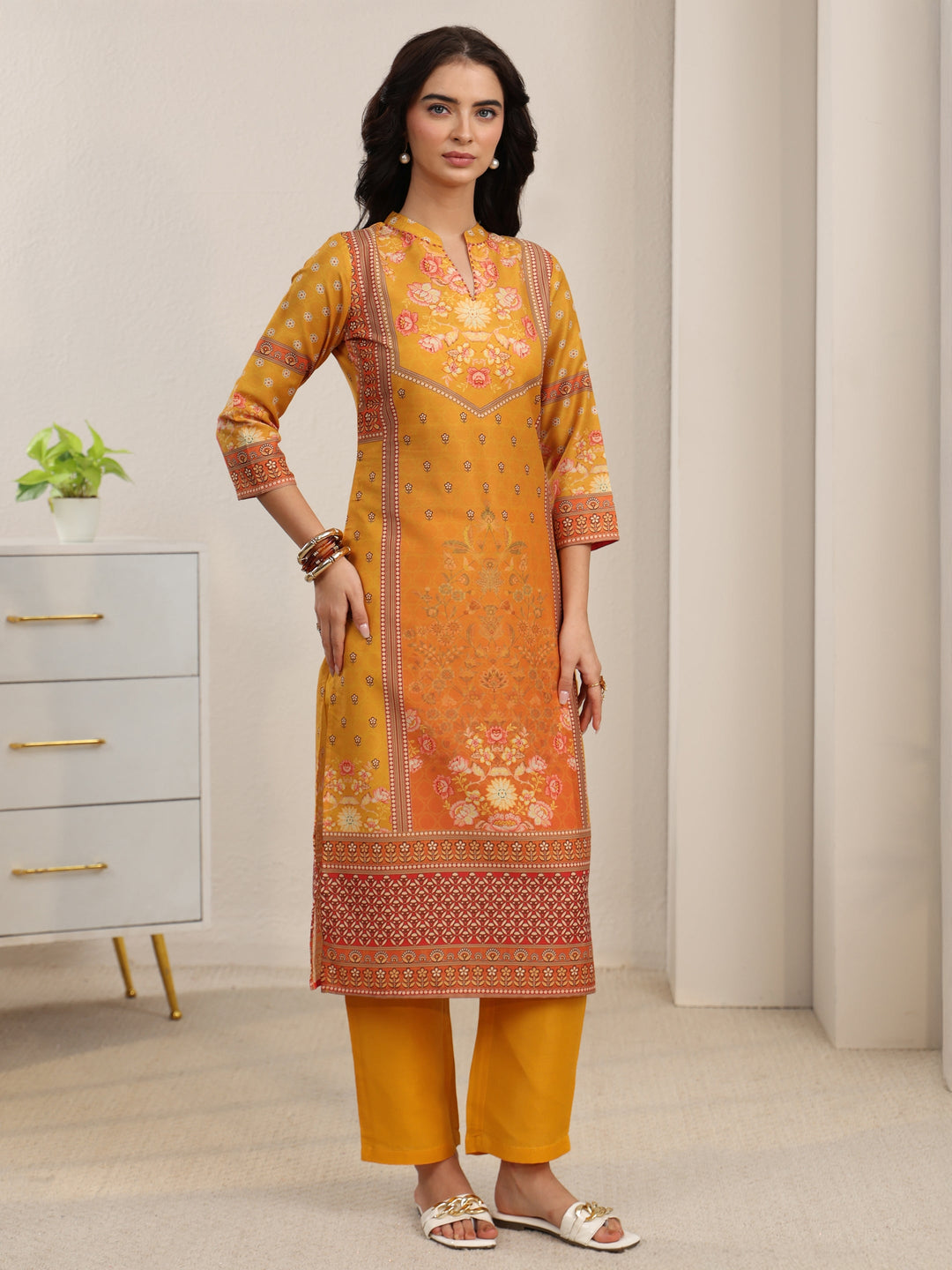 Libas Mustard Floral Printed Muslin Straight Suit Set