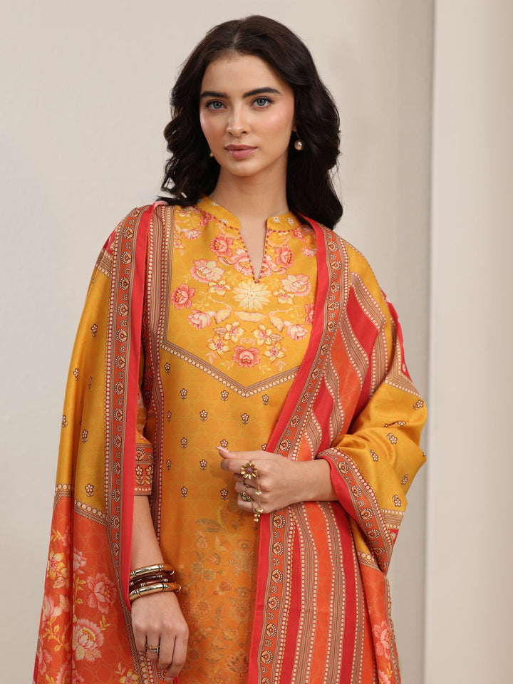 Libas Mustard Floral Printed Muslin Straight Suit Set