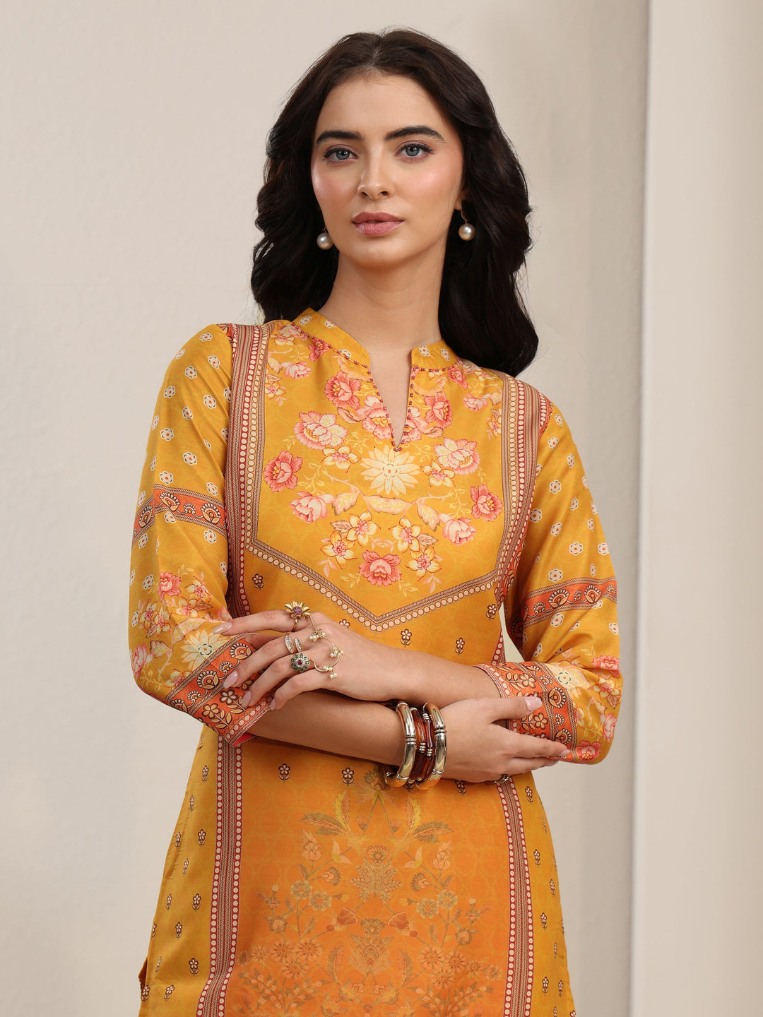 Libas Mustard Floral Printed Muslin Straight Suit Set